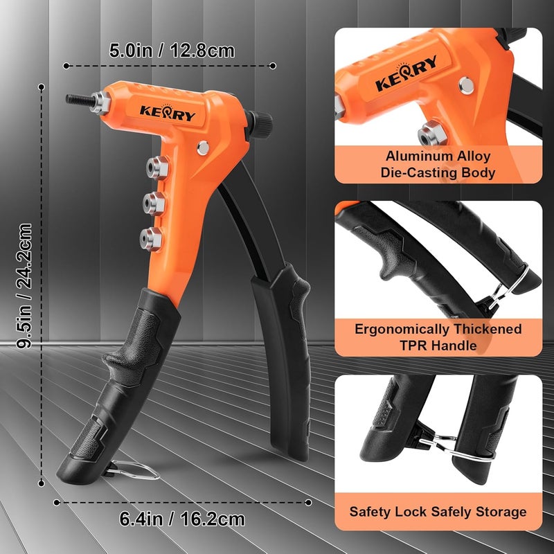 KERRY Rivet Nut Gun Tool, One-Handed Riveters 9.5" Rivnut Tool Kit with 8 Metric and SAE Mandrels 80PCS Rivet Nuts, 6-32 8-32 10-24 1/4-20 M3 M4 M5 M6 with Carrying Case Ideal for Automotive Work - Image 2